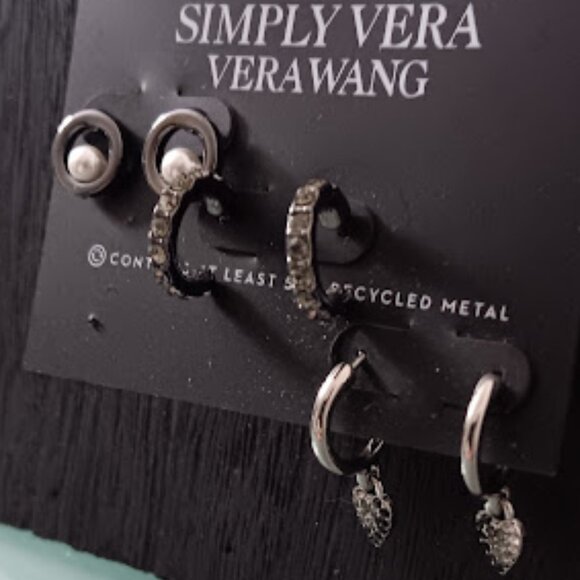 VERA WANG Goth 3pc Circle Pearl Studs + Gray Crystal/Silver Charm Hoop Earrings - Picture 2 of 3